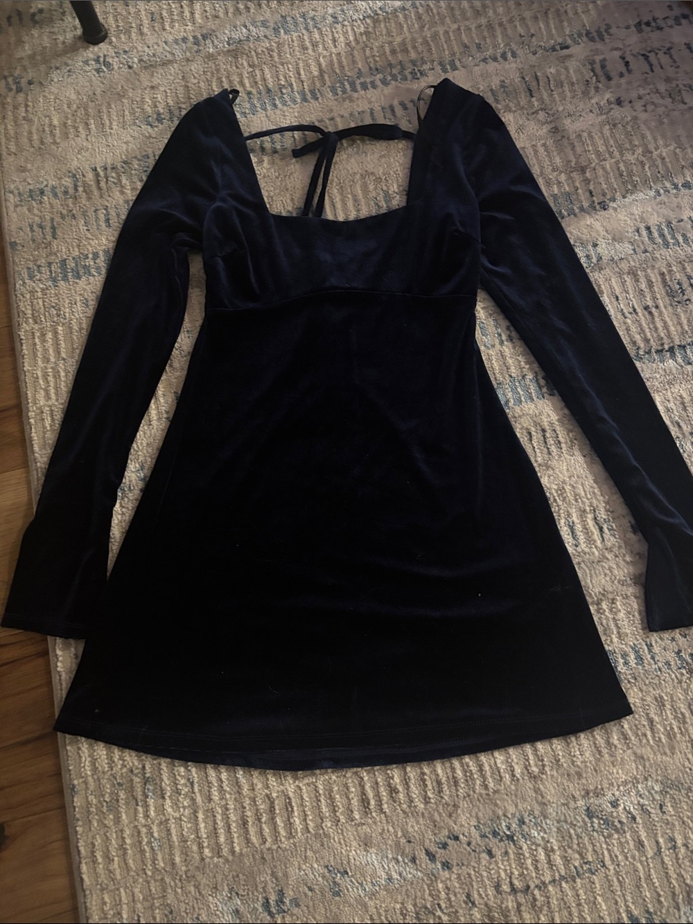 B. Smart Black Velvet Long-Sleeve Mini Dress with Tie Back